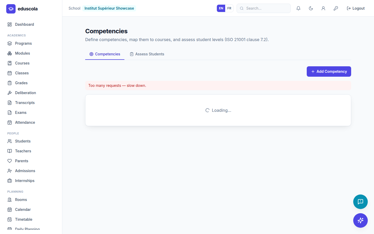 Approche par compétences : capture d’écran de l’interface EduScola