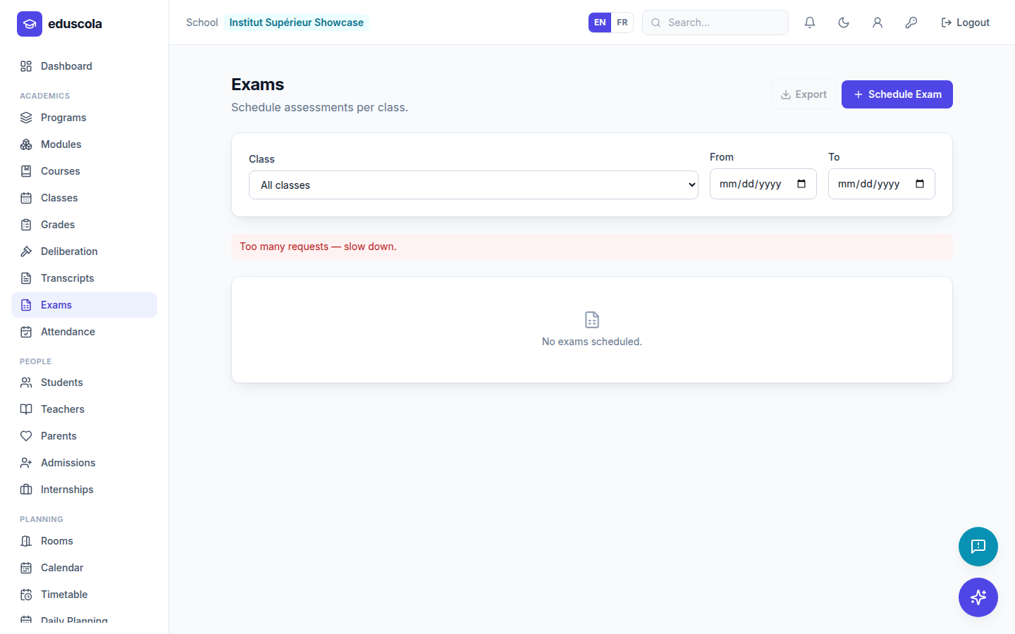Examens : capture d’écran de l’interface EduScola