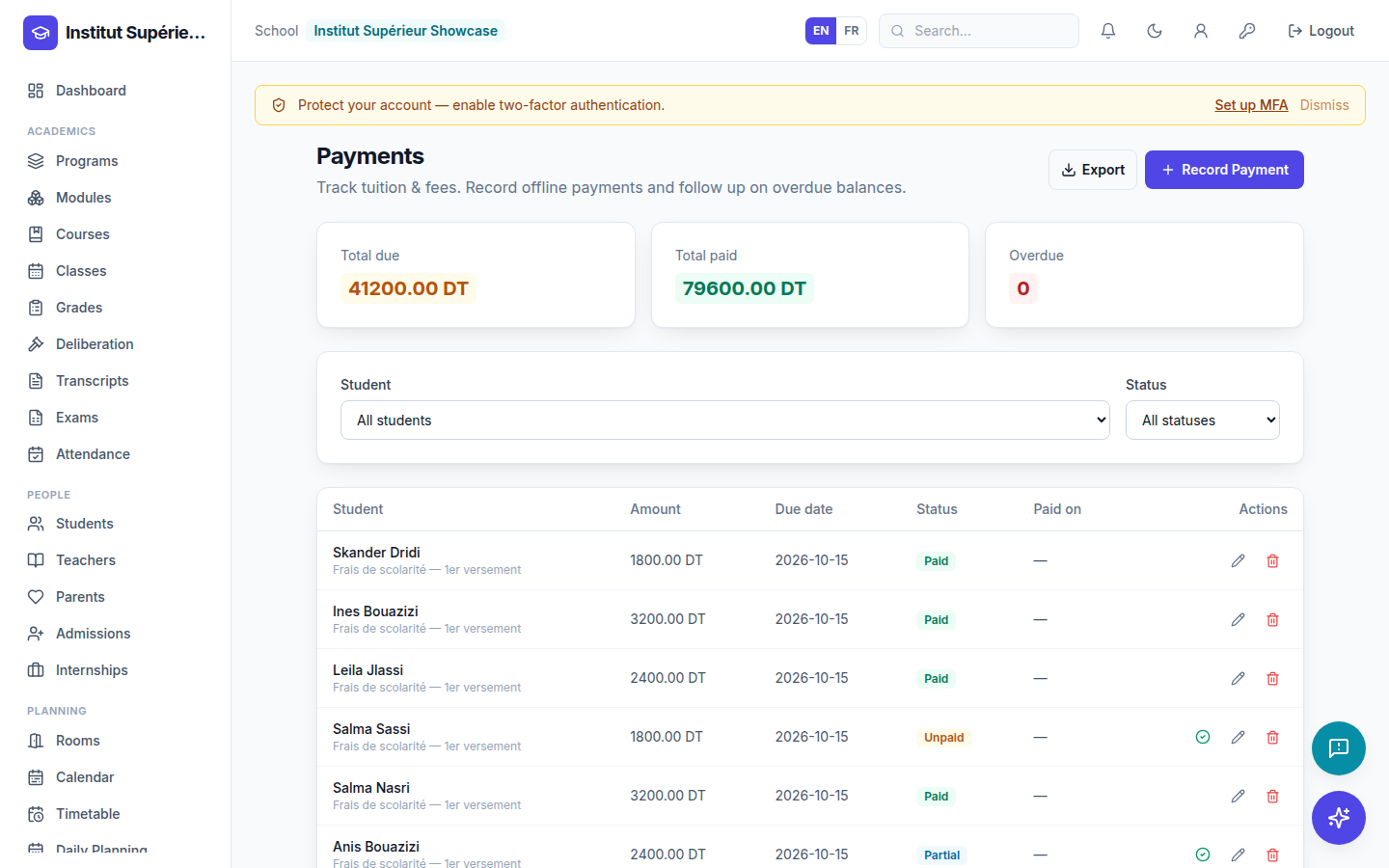 Finances : capture d’écran de l’interface EduScola